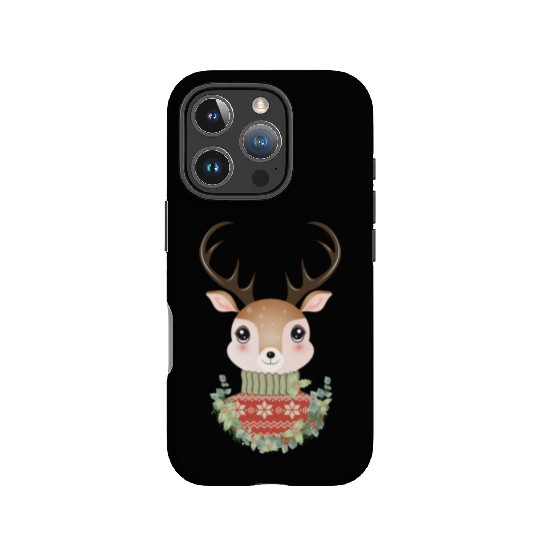 cute deer with sweater and Christmas wreath IPhone Cases
