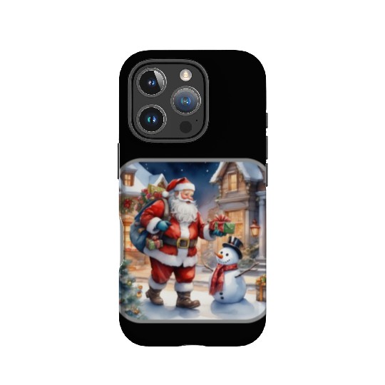 Santa Claus and a snowman distributes gifts. IPhone Cases