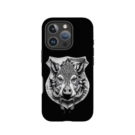 shield with wild boar head - DIGITAL - grayscale IPhone Cases