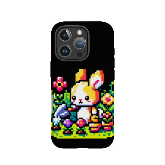 8-Bit Bunny Gardener: Retro Digital Garden Scene IPhone Cases