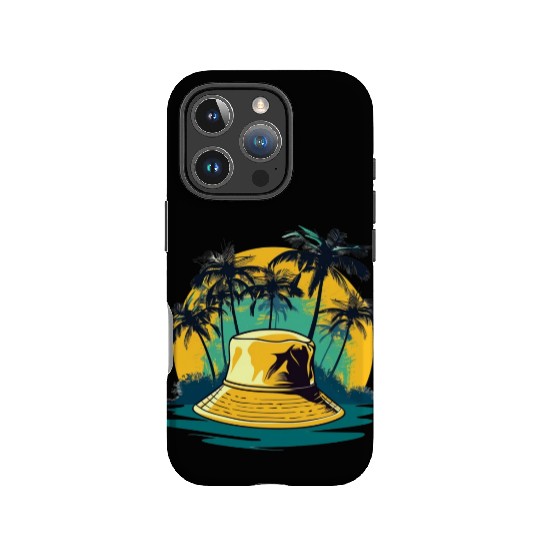yellow bucket hat and palm trees on ocean island IPhone Cases