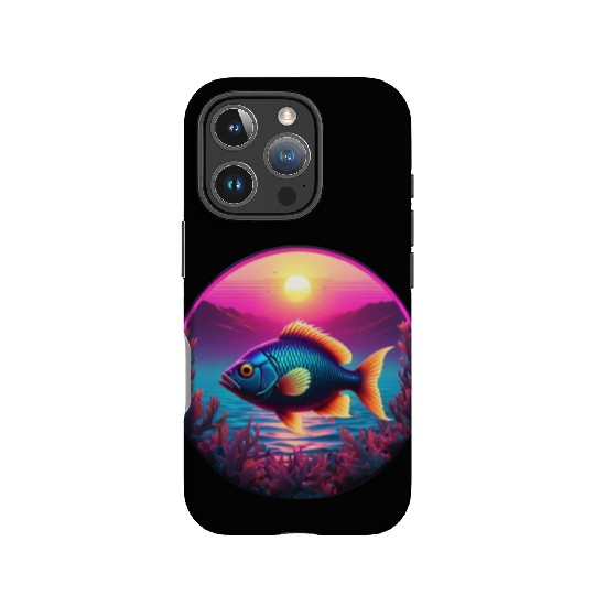 Synthwave Fish and Coral and a Sunset and Ocean IPhone Cases