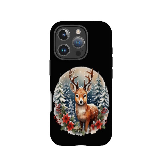 Christmas Deer with Poinsettia and Snow IPhone Cases