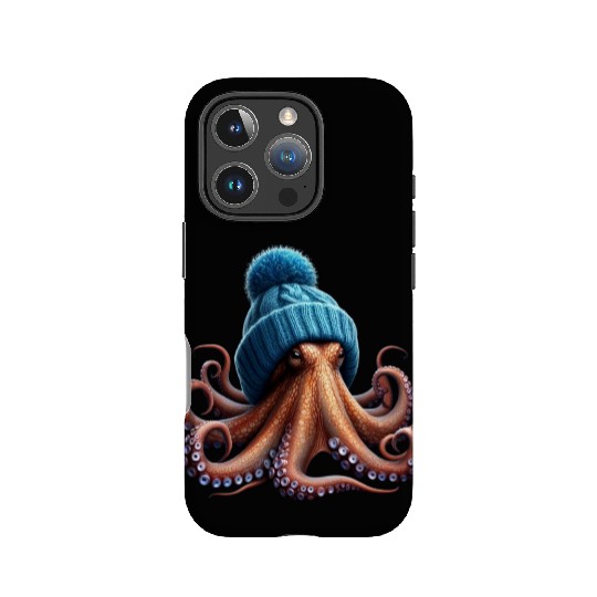 An Octopus Wearing a Knitted Blue Winter Hat IPhone Cases