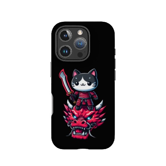 Samurai Cat with Sword on Dragon in Epic 3D Effect IPhone Cases