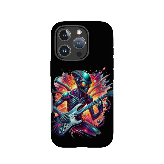 Alien playing guitar with rainbow background IPhone Cases