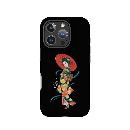 Elegant Geisha with Red Parasol and Floral Kimono IPhone Cases