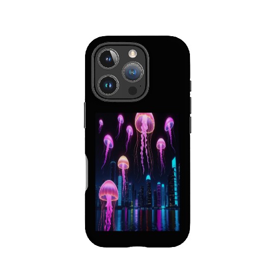 Neon Jellyfish Over Cyber City IPhone Cases