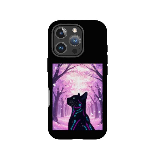 Midnight Cyber Cat | Pink Cherry Blossom Forest IPhone Cases