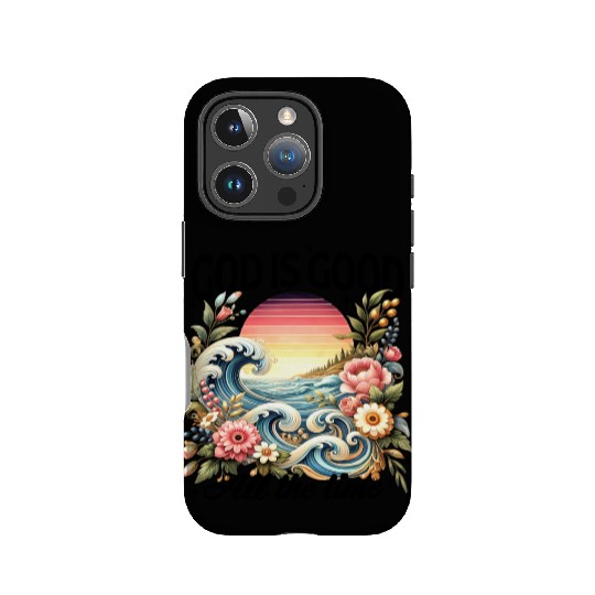 Elegant Wave and Floral Sunset Scene - GOD IS GOOD IPhone Cases