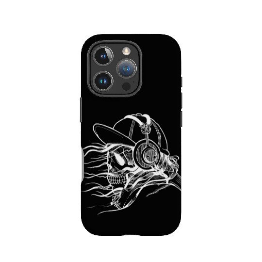 Black and white skull listening to music IPhone Cases