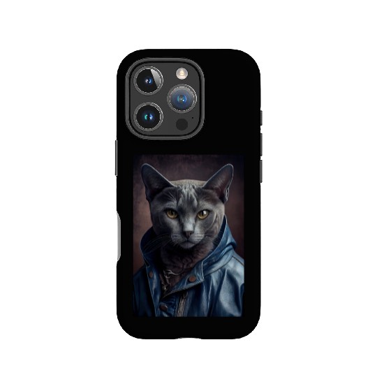 Russian Blue Cat Breed Portrait wears a leather j IPhone Cases