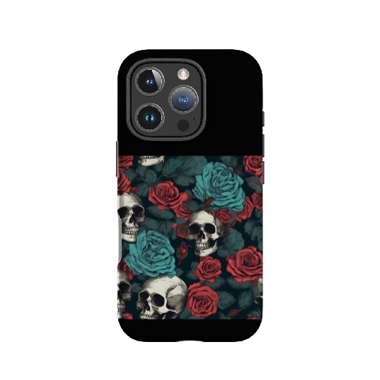Gothic Skulls & Red Roses Pattern Dark Elegant IPhone Cases