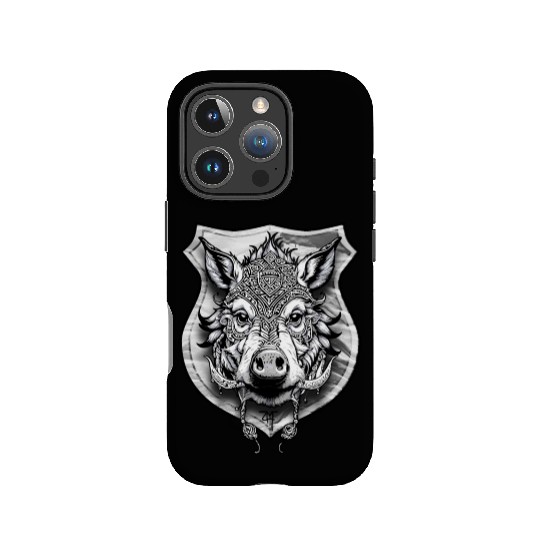 shield with wild boar head - DIGITAL - grayscale IPhone Cases