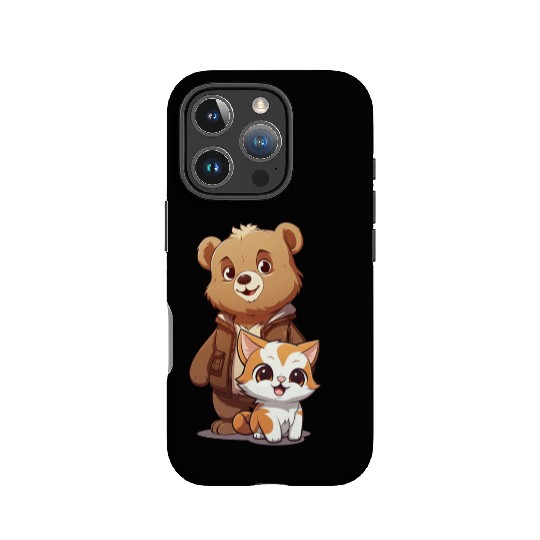 cute kitty cat and teddy bear in cartoon style IPhone Cases