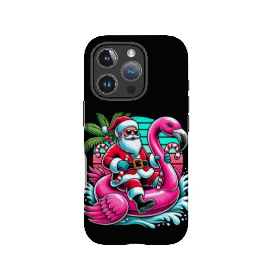 Santa Riding Flamingo in Tropical Christmas Fun IPhone Cases