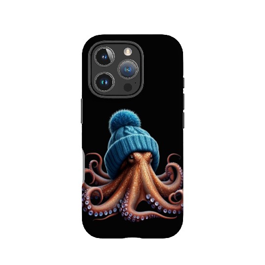 An Octopus Wearing a Knitted Blue Winter Hat IPhone Cases