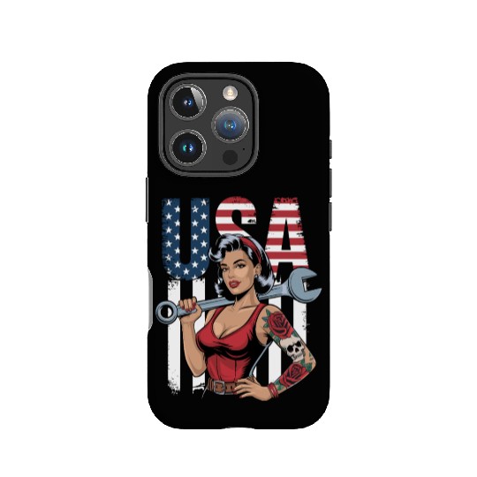 Patriotic Retro Mechanic Woman USA Flag Art IPhone Cases