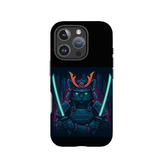 A futuristic samurai cat in neon armor with glo IPhone Cases