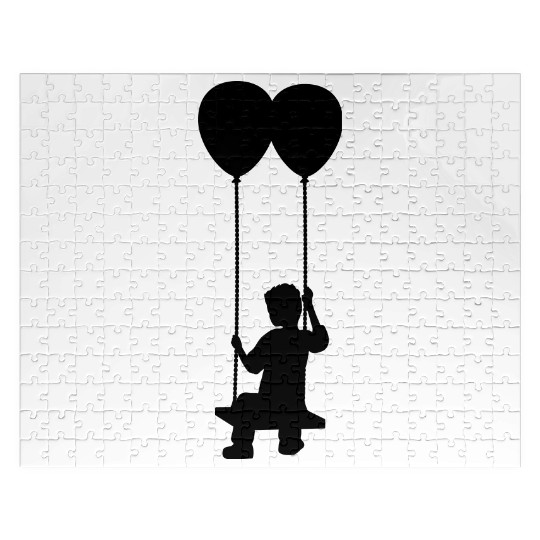 swing boy fly air balloon hovering sky silhouette Jigsaw Puzzles