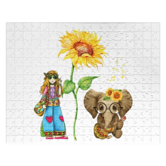 Cute Girl Sunflower Elephant Playing Guitar Hippie Jigsaw Puzzles