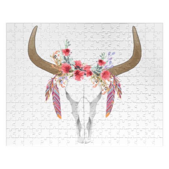 Floral Cow Skull With Feathers Bull Skull Jigsaw Puzzles