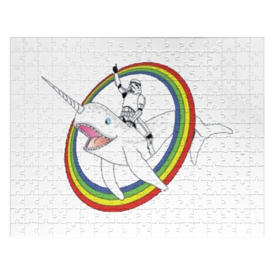 Spaceman riding narwhal through rainbow Jigsaw Puzzles