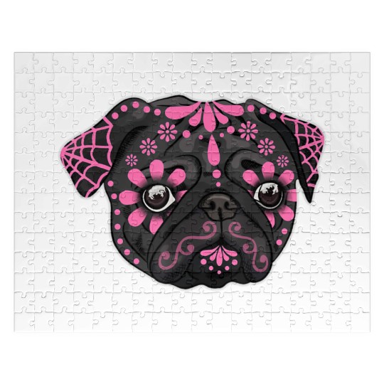Black Pug Dogs Day of the Dead Sugar Skull Dog Jigsaw Puzzles