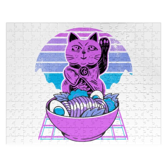 Ramen Maneki Neko Cat Kawaii Retrowave Sunset 80s Jigsaw Puzzles