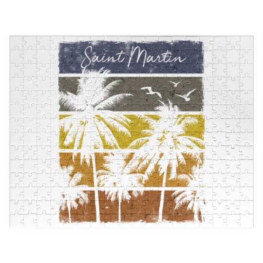 Retro Saint Martin Sint Maarten Beach Palm Tree Jigsaw Puzzles