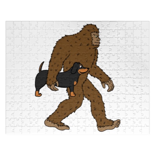 Bigfoot Sasquatch Carrying Dachshund Jigsaw Puzzles