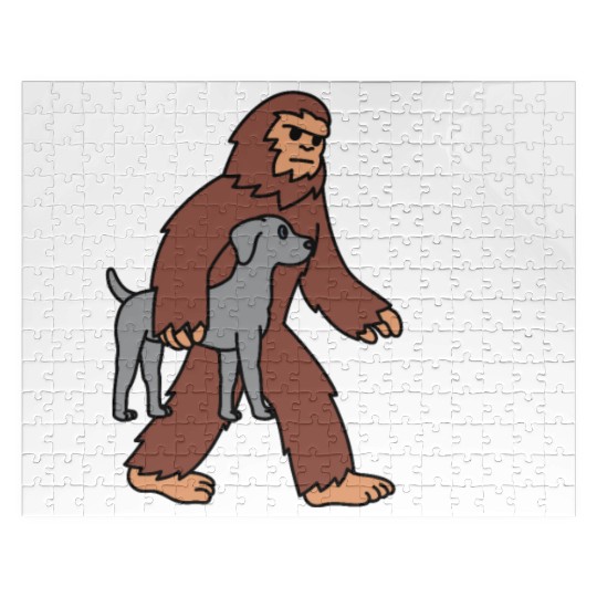 Bigfoot Sasquatch Carrying Weimaraner Jigsaw Puzzles