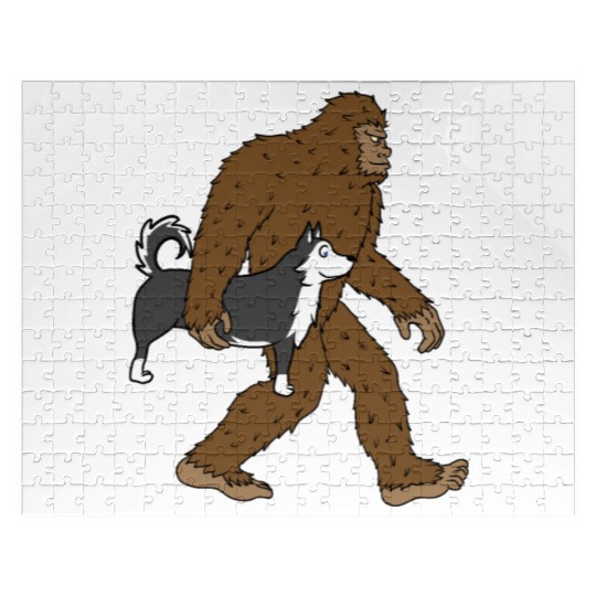 Bigfoot Sasquatch Carrying Husky Jigsaw Puzzles