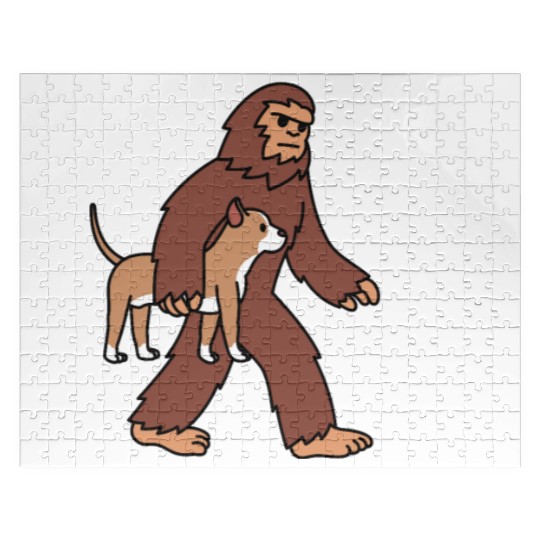 Bigfoot Sasquatch Walking Pit Bull Jigsaw Puzzles