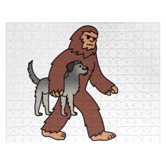 Bigfoot Sasquatch Walking Irish Wolfhound Jigsaw Puzzles