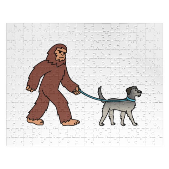 Bigfoot Sasquatch Walking Irish Wolfhound Jigsaw Puzzles