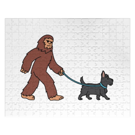 Bigfoot Sasquatch Walking Scottish Terrier Jigsaw Puzzles