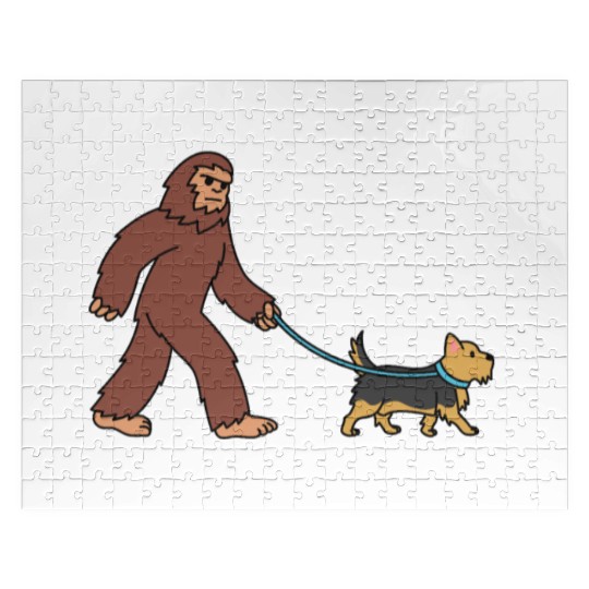 Bigfoot Sasquatch Walking Yorkshire Terrier Jigsaw Puzzles