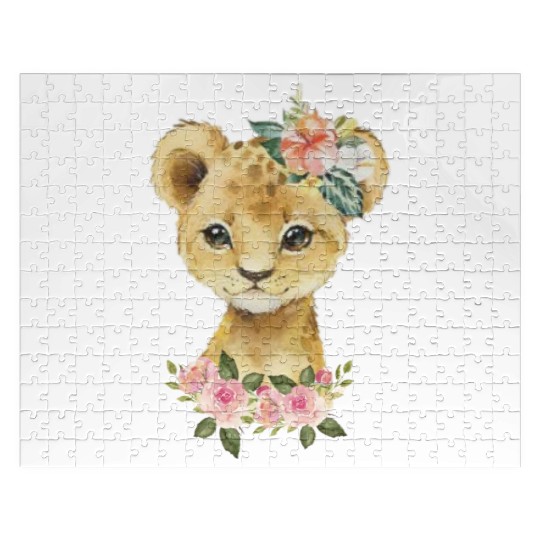 Cute Baby Leopard With Watercolor Flowers Jigsaw Puzzles