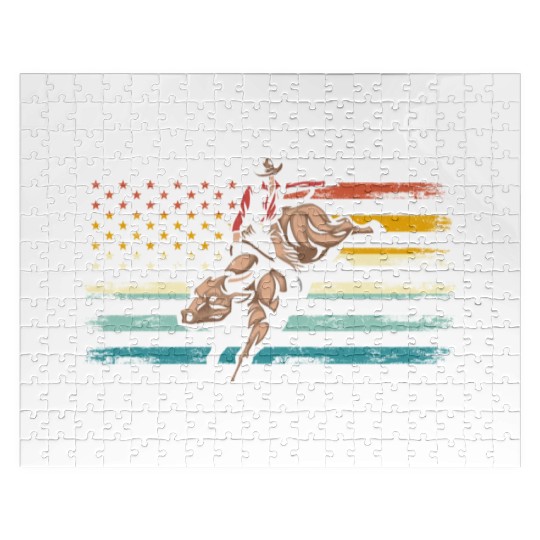 Retro American Flag Bull Riding Western Cowboy Jigsaw Puzzles