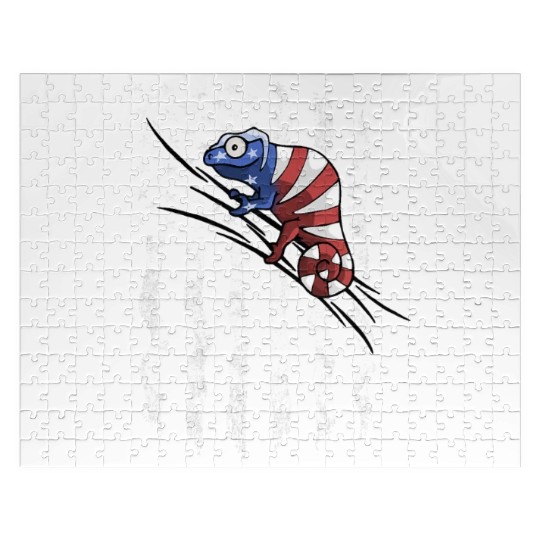 US Flag Patriotic American Chameleon in Stars Jigsaw Puzzles