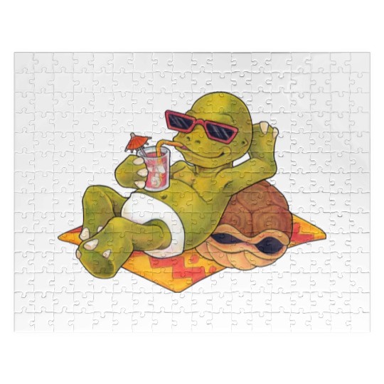 Summer turtle naked on the beach with cocktail Jigsaw Puzzles