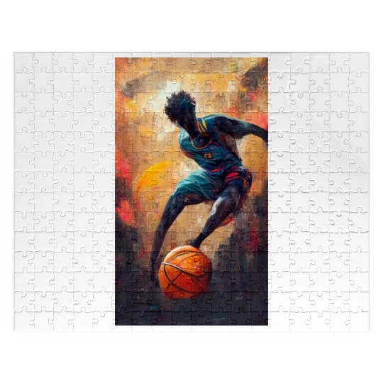 A male basketball player runs after a basketball. Jigsaw Puzzles
