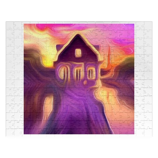 sunset house digital art abstract painting Jigsaw Puzzles