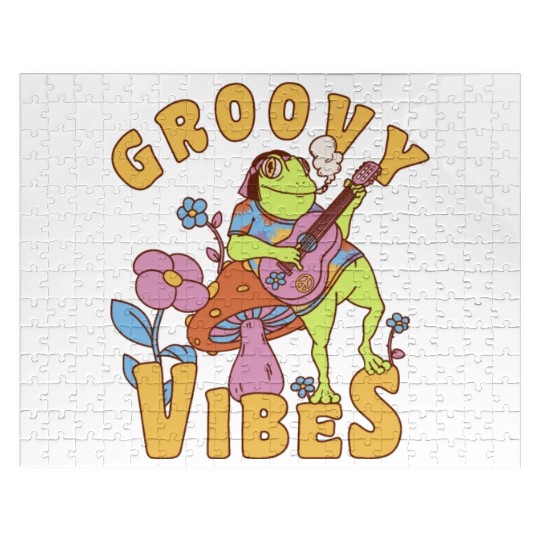 Groovy Vibes Retro Frog Playing Guitar Mushroom Jigsaw Puzzles