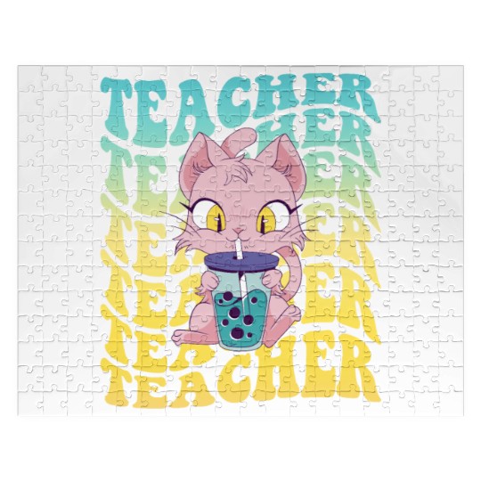 Boba Tea Teacher Kawaii Cat Groovy Back To School Jigsaw Puzzles