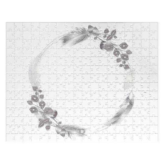 delicate frame of silver colored feathers & leaves Jigsaw Puzzles