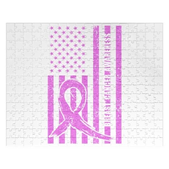 Pink Ribbon Breast Cancer Awareness US Flag Jigsaw Puzzles