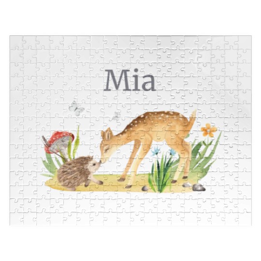 Forest Animal Deer Hedgehog Flowers Name Mia Jigsaw Puzzles