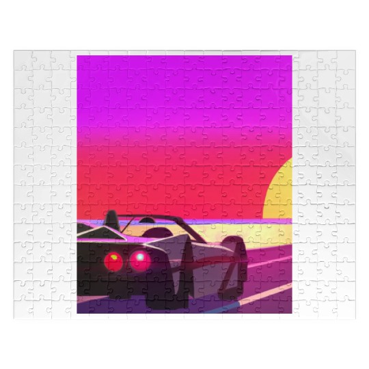 Synthwave Outrun Sports Car Beach Sunset Jigsaw Puzzles